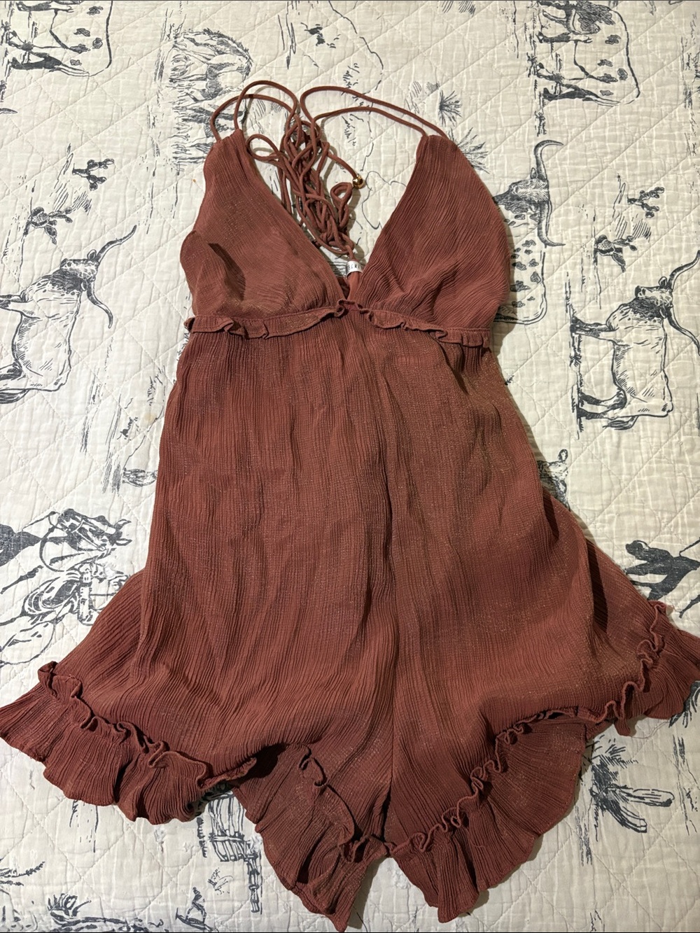 Ruffled Rust Brown Spaghetti Strap Romper